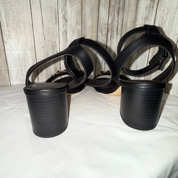 Michael Kors Reed Sandal Black Leather Gold MK Logo Block Heel Size 7.5M | New W - Picture 8 of 15